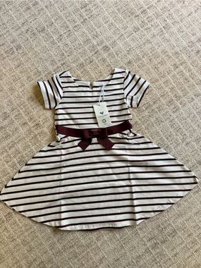 Toddler Girls Burgundy and White Striped Casual Dress with Bow Accent